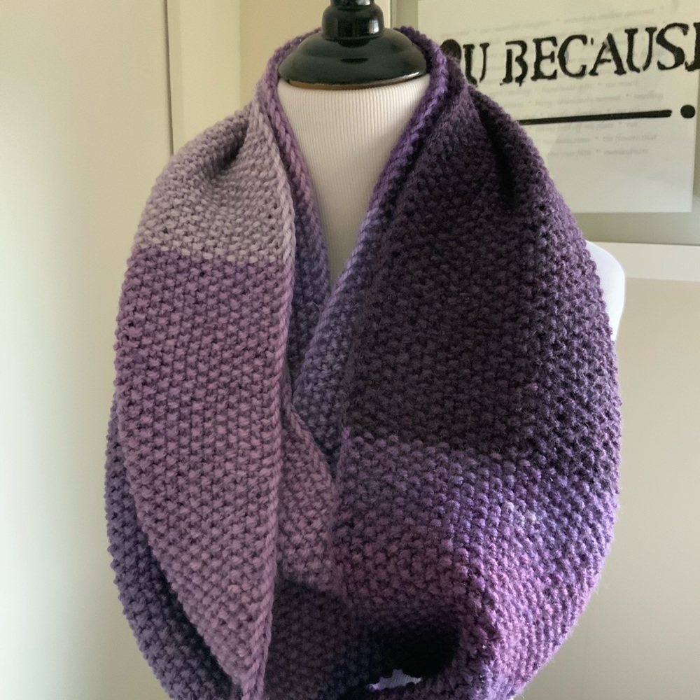 Hand knit scarf/cowl. Wool and acrylic. 84 inch loop